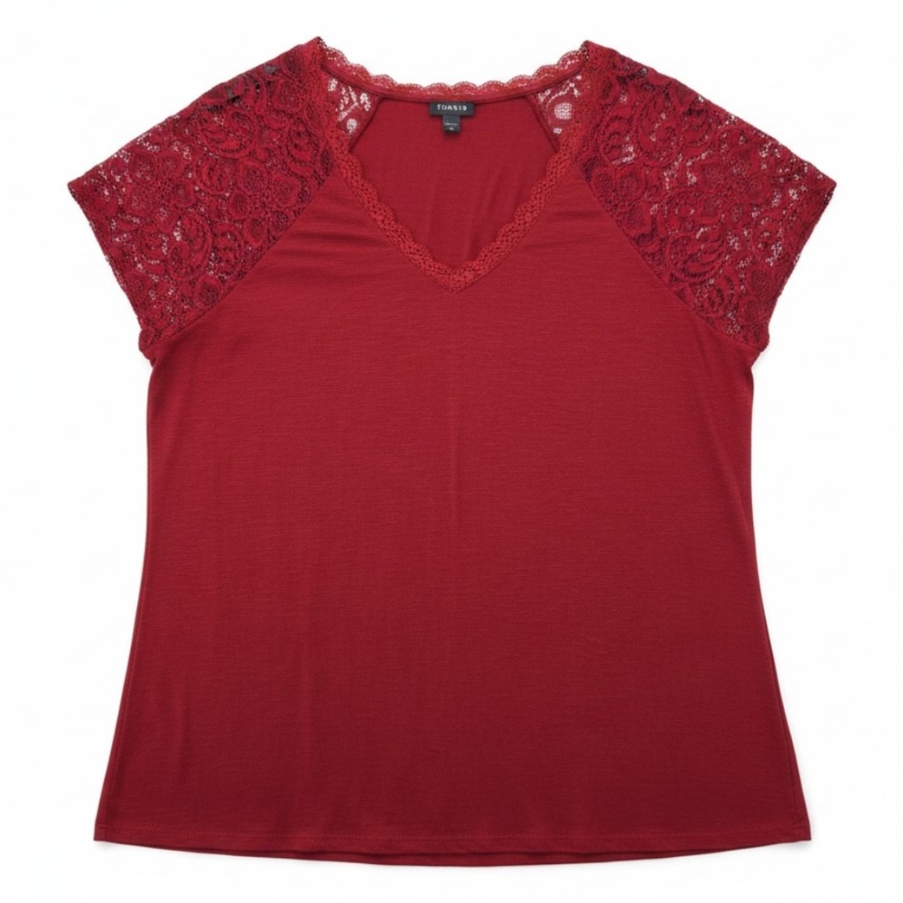 Torrid Lace Raglan Sleeve Shirt Women 2 2X Red V Neck Slub Knit Short Sleeve Top